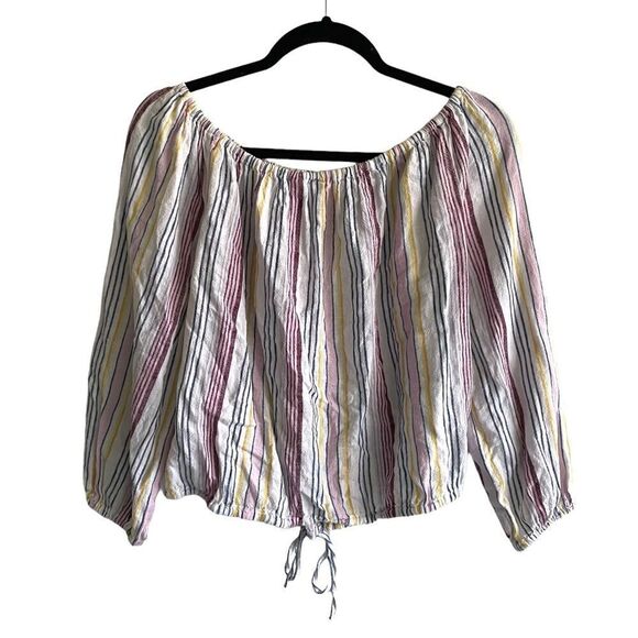 GAP Linen Striped Off Shoulder Tie Waist Blouse Top Shirt White XS - Picture 4 of 6